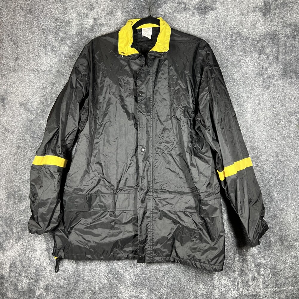Ourcan Coat Mens XL Black Rain Coat Nylon Lined Waterproof Mid-Length Pockets